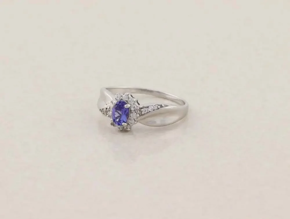 Sterling Silver Natural Tanzanite & White Zircon Ring Size 9 1/4
